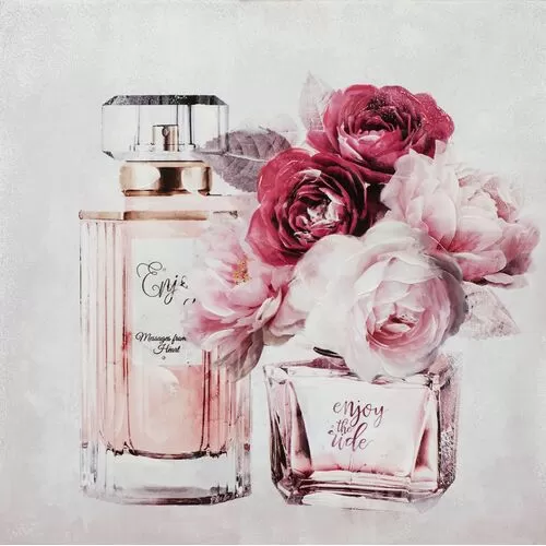 Πίνακας Σε Καμβά Μπουκαλάκια Αρώματος Με Ροζ Λουλούδια II