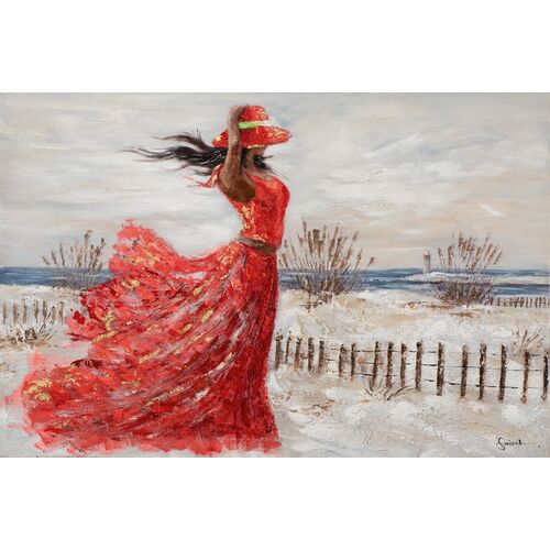 Πίνακας Σε Καμβά Γυναίκα Με Κόκκινο Φόρεμα Στην Παραλία