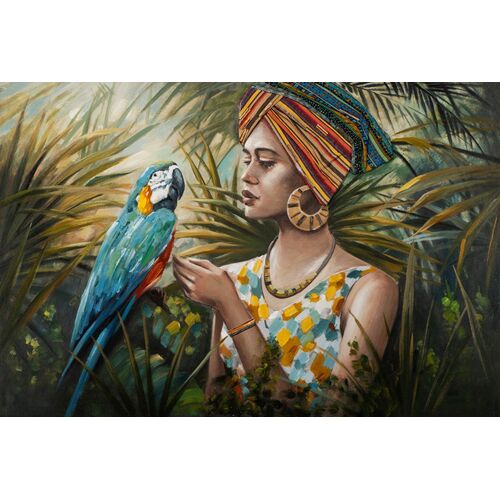 Πίνακας Σε Καμβά Γυναικεία Φιγούρα Στη Ζούγκλα Με Πολύχρωμο Παπαγάλο