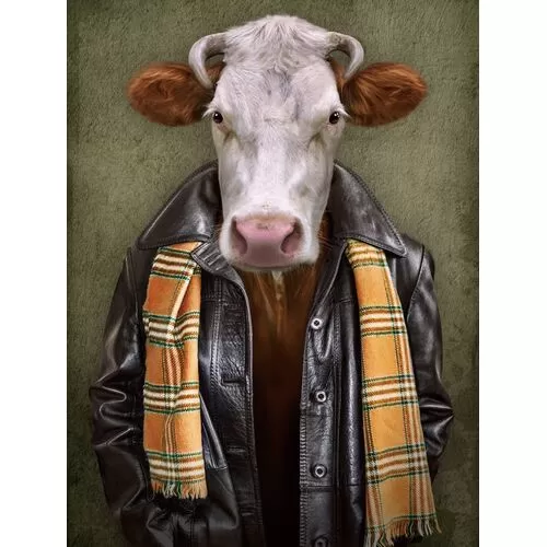 Πίνακας Γυάλινος Αγελάδα Με Δερμάτινο Μπουφάν